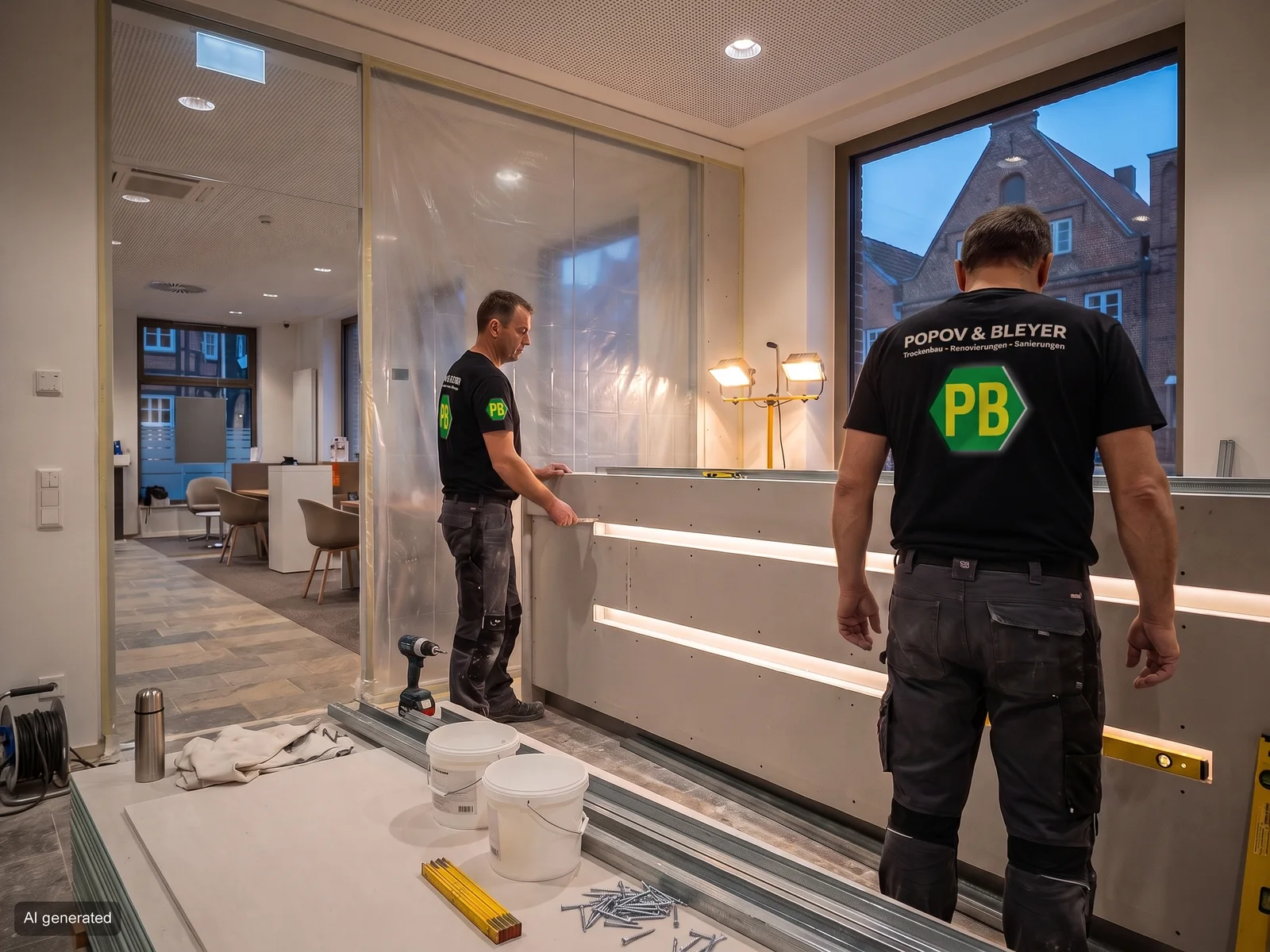 Umbau einer Bankfiliale in der Lüneburger Altstadt am Abend, der Kundenbereich bleibt hinter Staubschutzfolie unberührt