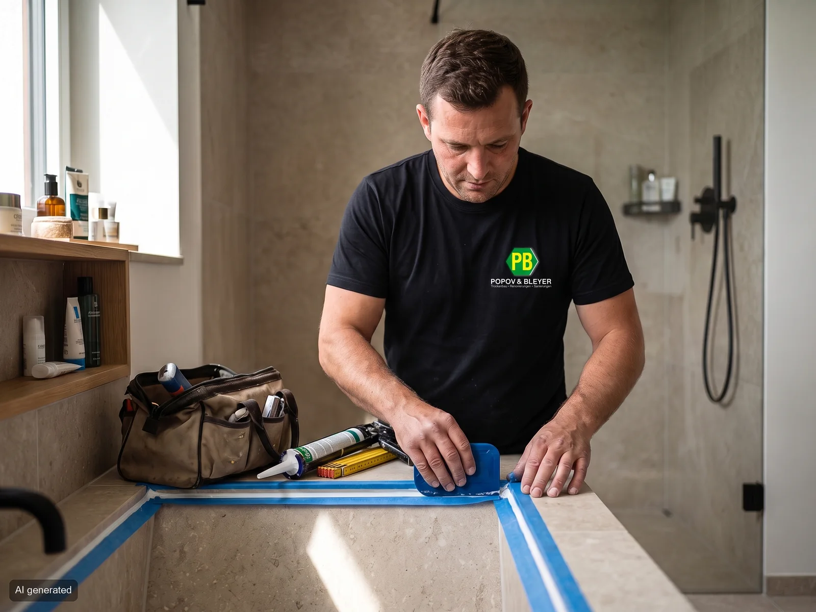 Monteur erneuert die Silikonfuge an einer Steinbadewanne in einem gepflegten Bad