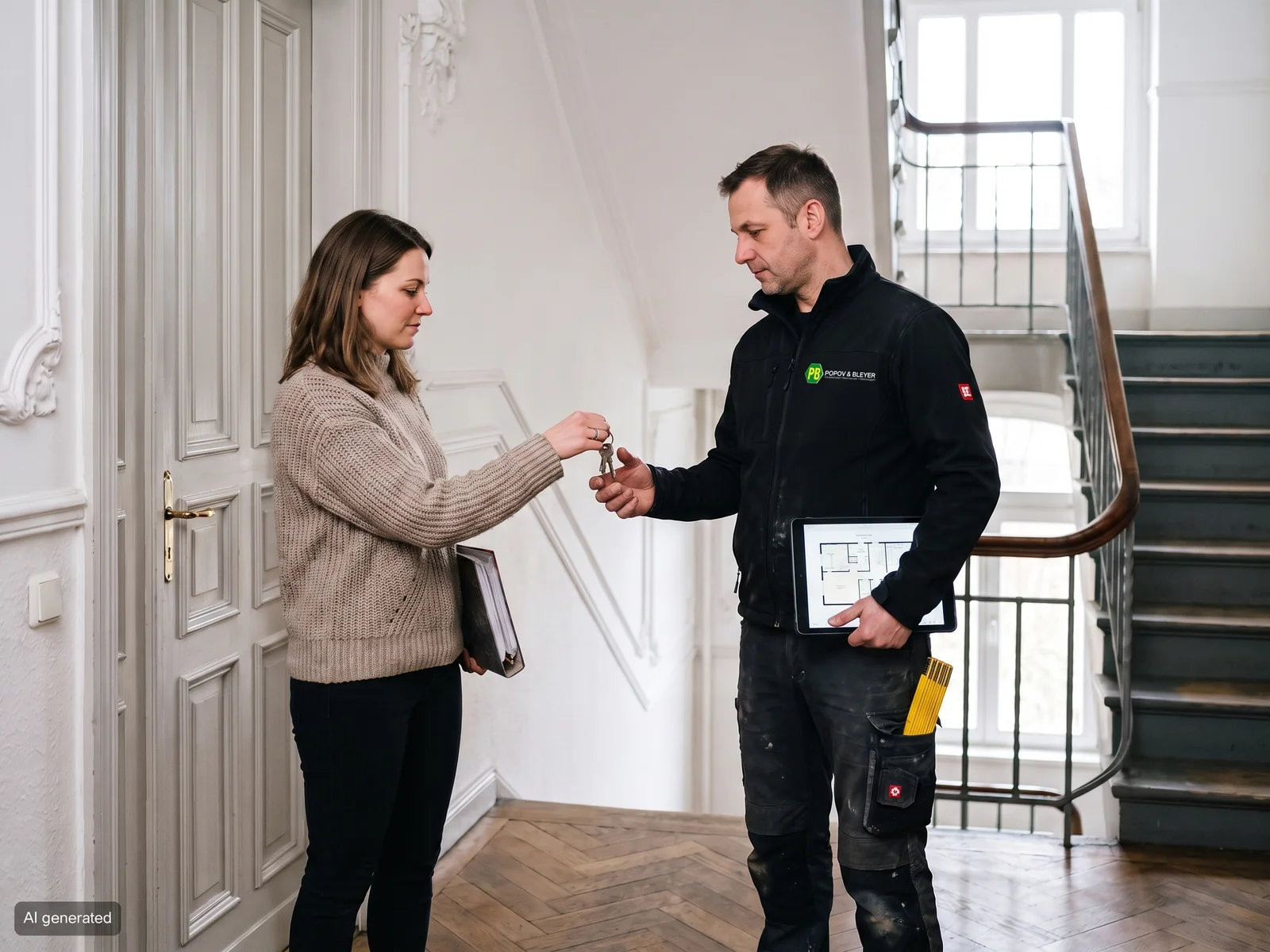 Hausverwalterin übergibt im Treppenhaus eines Altbaus den Wohnungsschlüssel an einen Monteur von Popov und Bleyer